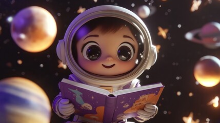 Aufkleber - A joyful child in an astronaut suit reads a book among planets and stars in space.
