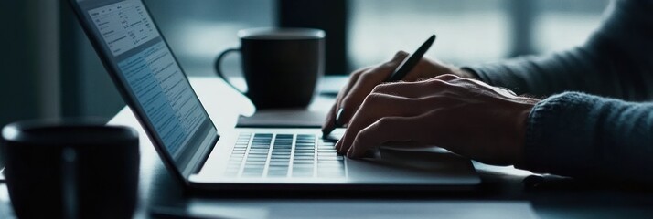 Poster - A person typing on a laptop with coffee mugs nearby, suggesting productivity and focus.