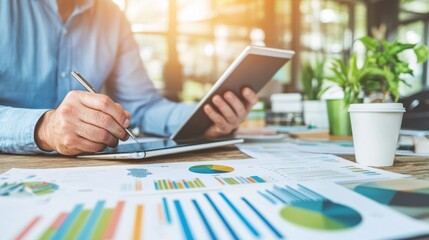 Poster - A person analyzing data on a tablet while reviewing printed graphs and charts.