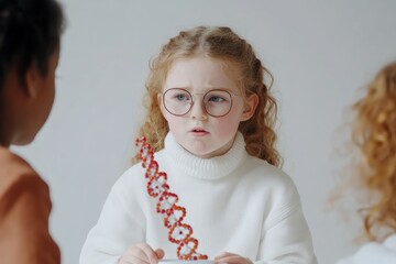 Poster - A child with glasses discusses a DNA model with two peers.