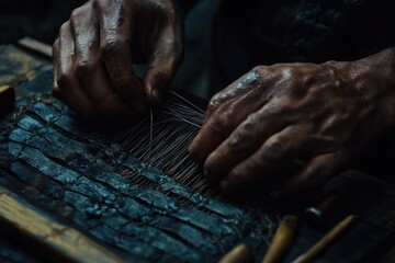 Aufkleber - Hands meticulously weaving threads on a dark surface, showcasing craftsmanship and detail.