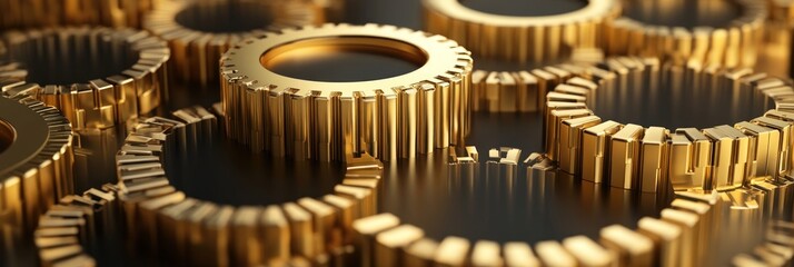 Fototapete - A close-up of interlocking golden gears, symbolizing machinery and precision engineering.
