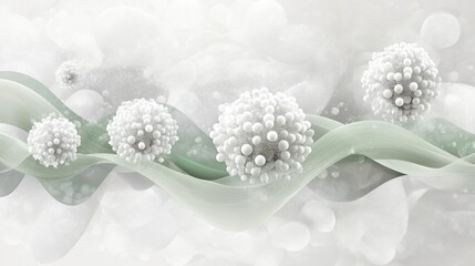 Poster - Abstract representation of cells or particles with soft waves and a serene background.