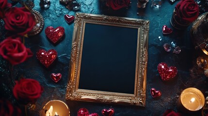 Poster - A decorative frame surrounded by roses, candles, and hearts, suggesting romance or celebration.