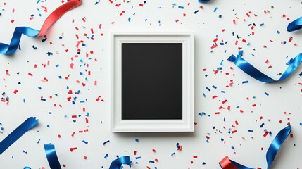 Poster - A blank photo frame surrounded by festive red, white, and blue confetti and ribbons.