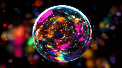 Poster - A vivid, abstract sphere with swirling, neon colors and sparkling particles set against a dark background, evoking a sense of cosmic energy.