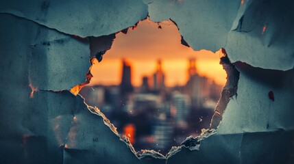 Poster - Urban exploration discovering hidden beauty through a tear in the wall cityscape photography vibrant sunset close-up view perspective