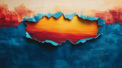 Poster - Vibrant sunset through torn canvas abstract art scene joyful atmosphere colorful environment artistic perspective creative expression