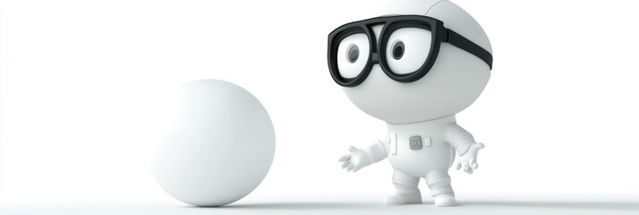 Leinwandbilder - A small, cartoon-like character with glasses stands beside a white sphere in a minimalist setting.