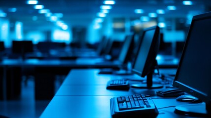 Poster - Computers in a modern office environment technology workspace nighttime professional setting digital innovation