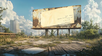 Poster - A weathered billboard in an overgrown urban landscape, conveying a poignant message.