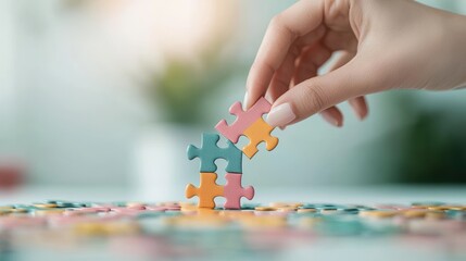 Poster - a close up shot of a businesswoman hand placing the final piece on a large puzzle representing the c