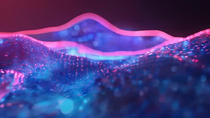 Poster - Abstract neon waves with blue and pink digital particles forming a futuristic and glowing grid pattern, emphasizing connectivity.