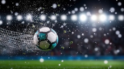 Poster - a soccer player in mid air, kicking the ball into the net, with the crowd erupting in cheers and the