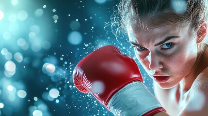 Poster - a female boxer landing a powerful punch on her opponent, showcasing strength, determination, and the