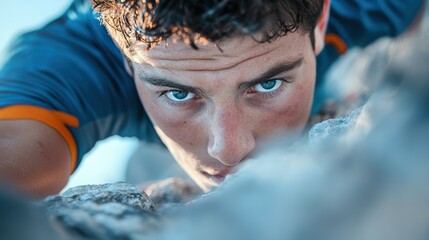 Poster - a close up shot of a climber determined face as they push themselves to their physical limit, highli