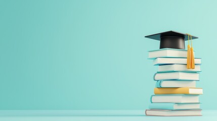Poster - a stack of books with a graduation cap resting on top, symbolizing the culmination of years of hard 