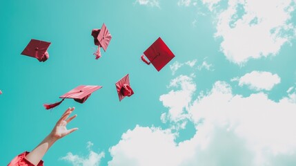 Poster - a group of students wearing graduation caps and gowns, tossing their caps high in the air with joyfu