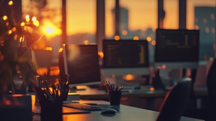 Poster - Office at sunset a serene workspace transformation urban landscape desktop scene evening glow concept of productivity