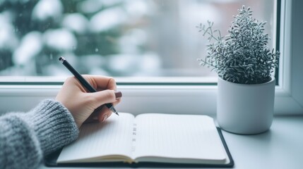 Poster - a person writing thoughtfully in a journal, reflecting on their experiences and setting intentions f