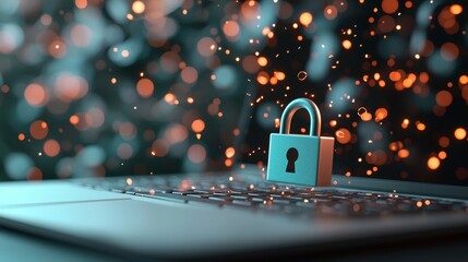 Poster - A padlock icon digitally superimposed on a laptop screen, representing the importance of strong passwords and data encryption for online security.
