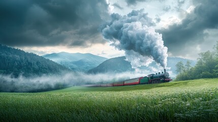 Poster - A vintage steam engine pulling a passenger train through a rural landscape, its billowing smoke plumes creating a nostalgic scene.