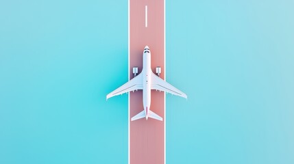 Poster - An aerial view of an airplane taking off from a runway, its wings tilting upwards as it ascends into the clear blue sky.