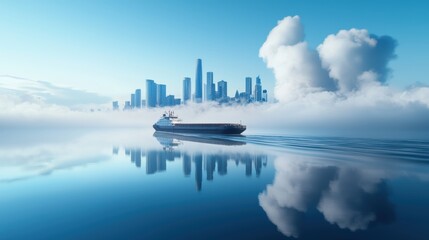 Poster - A tugboat guiding a massive cargo ship into a harbor, with the city skyline rising in the background.