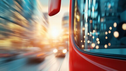 Poster - A double decker bus navigating a busy street, its bright red exterior contrasting against the surrounding architecture.