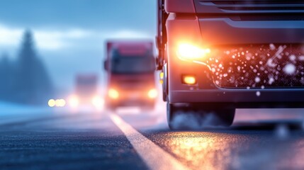 Poster - A line of semi trailer trucks driving down a highway at night, their headlights illuminating the road ahead.
