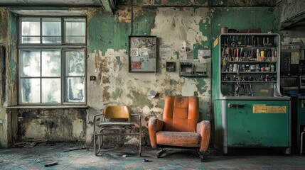 Poster - A dilapidated interior featuring an orange chair and a vintage vending machine.