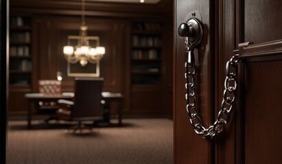 Poster - A locked door with a chain, leading to a dimly lit office space.