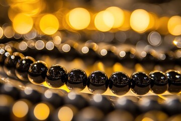 Poster - Close-up of glossy black beads with a blurred golden background creating a bokeh effect.