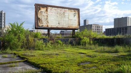 Poster - Overgrown billboard in an abandoned urban area, surrounded by greenery and derelict buildings.
