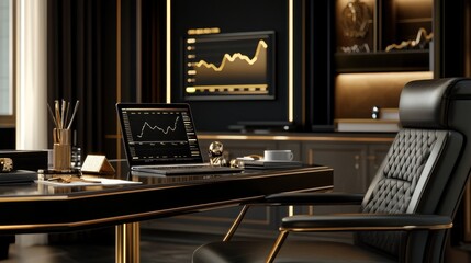 Aufkleber - A sleek, modern office setup featuring a laptop with financial charts and an elegant chair.