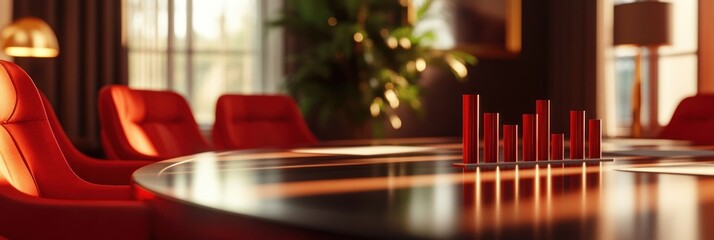 Poster - A modern conference room with a sleek table and red chairs, featuring a data visualization.