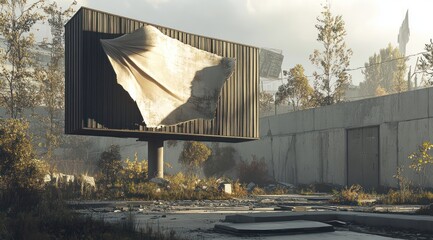 Poster - An abandoned billboard with a tattered cloth in a deserted, overgrown urban setting.