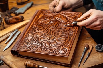 Aufkleber - A beautifully carved leather-bound book on a workbench surrounded by crafting tools.