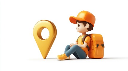 Poster - A cartoon character in an orange outfit sits beside a golden location pin, symbolizing travel.