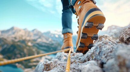 Wall Mural - A close up shot of a climber boots firmly planted on a rocky path, emphasizing the challenging journey and the perseverance required to reach the top.