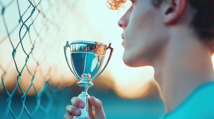 Wall Mural - A close up shot of a tennis player holding a trophy, their face radiating pride and accomplishment after a hard fought victory.