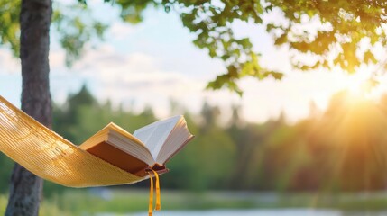 Wall Mural - A person reading a book in a hammock, surrounded by nature, representing the pursuit of knowledge, self improvement, and intellectual growth.