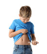 © Pixel-Shot - Little diabetic boy using lancet pen on white background