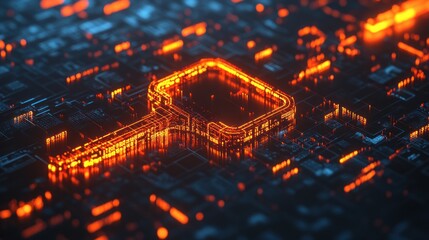 Aufkleber - A glowing digital circuit pattern resembling a magnifying glass in a tech-themed environment.