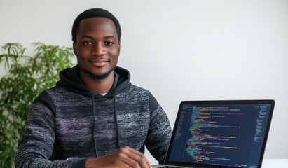 Poster - A young man working on a laptop with code displayed, smiling in a bright environment.