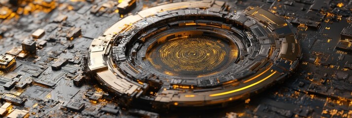 Fototapete - A futuristic circular structure amidst intricate circuitry, showcasing advanced technology.