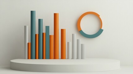 Aufkleber - Abstract representation of data with bar and circular graphs on a minimalist stage.