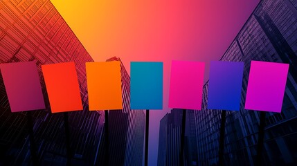 Poster - Vibrant and Dynamic Urban Background Featuring Colorful Panels Against a Modern Skyscape for Creative Demonstrations and Visual Presentations