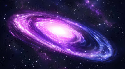 Vibrant purple and blue galaxy swirls surrounded by millions of twinkling stars, shining bright against a dark black cosmic background with subtle nebula textures. Whirling Cosmic Galaxy. Illustration