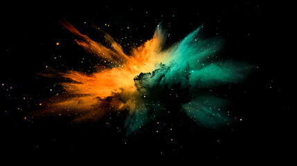Wall Mural - Vibrant green and orange nebula with cosmic dust in deep space featuring star particle motion against a black backdrop creating a stunning cosmic scene. Whirling Cosmic Galaxy. Illustration